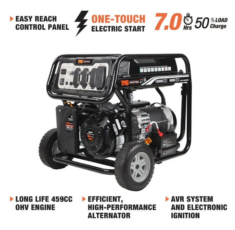 12,000 Watt Gasoline Generator, Electric Start, 7-Hour Run Time, 120V/240VAC, TMG-12000GE