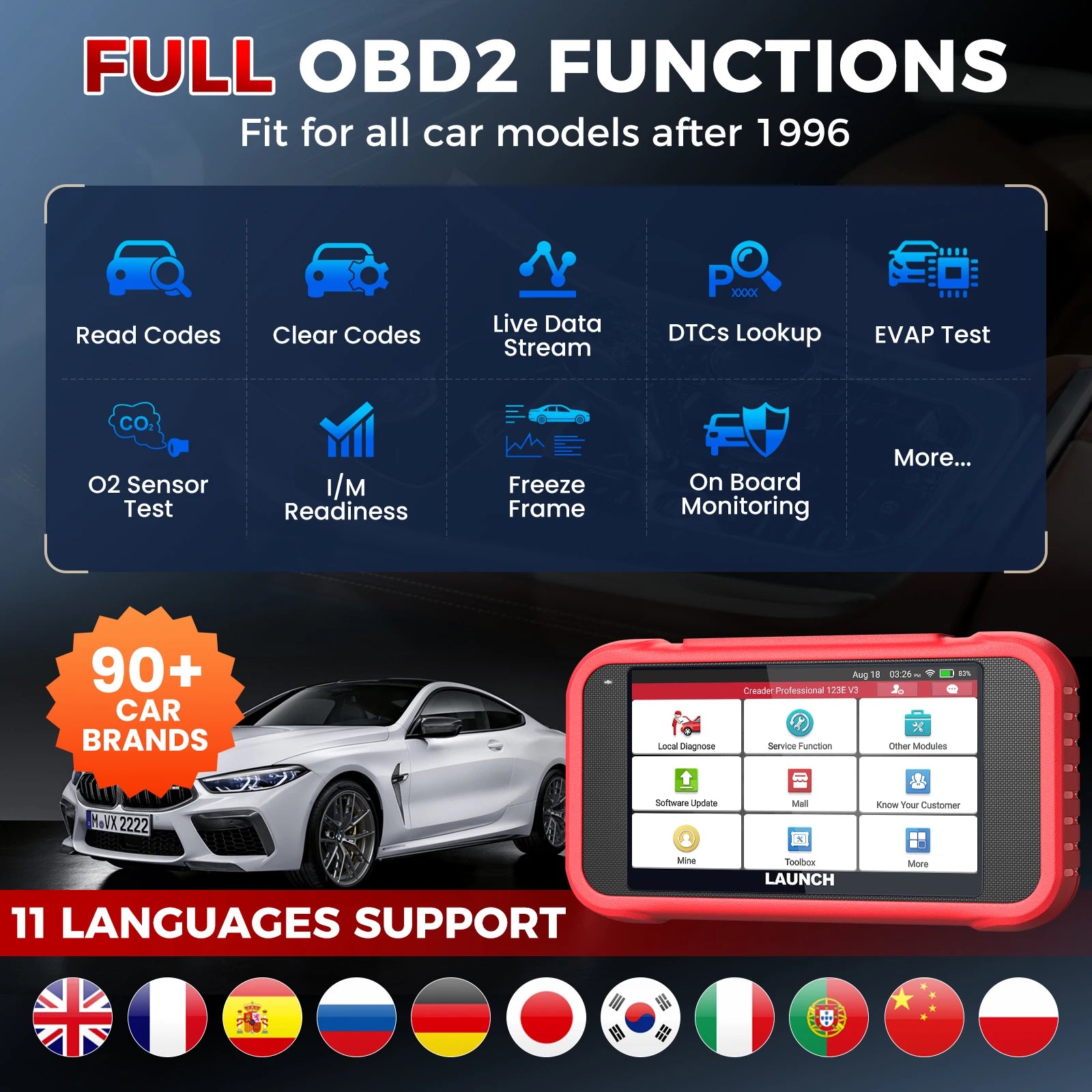LAUNCH 2026 New CRP123E V3.0 OBD2 Automotive Scanner with 7 Resets Oil/Throttle/SAS/BMS/EPB/DPF/ABS Bleeding