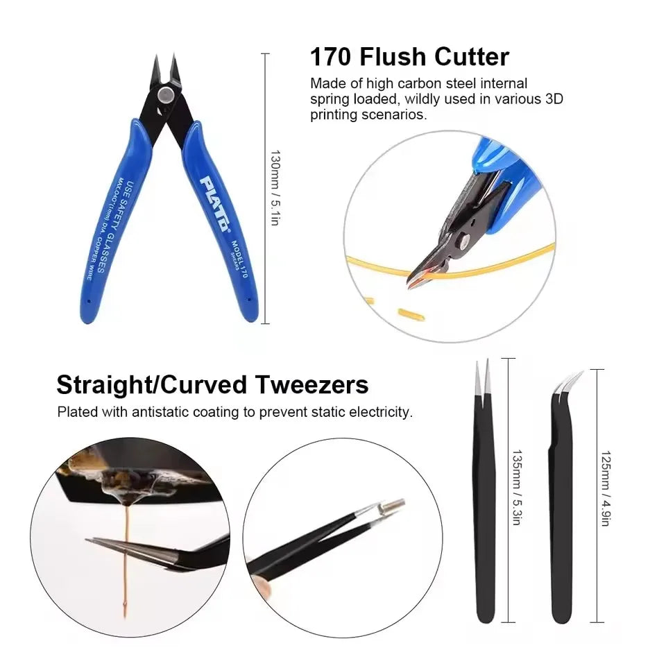 3D Printer Tool Kit for FDM/SLA – Nozzle Cleaner, Scraper, Tweezers, File & Engraving Tools for Maintenance